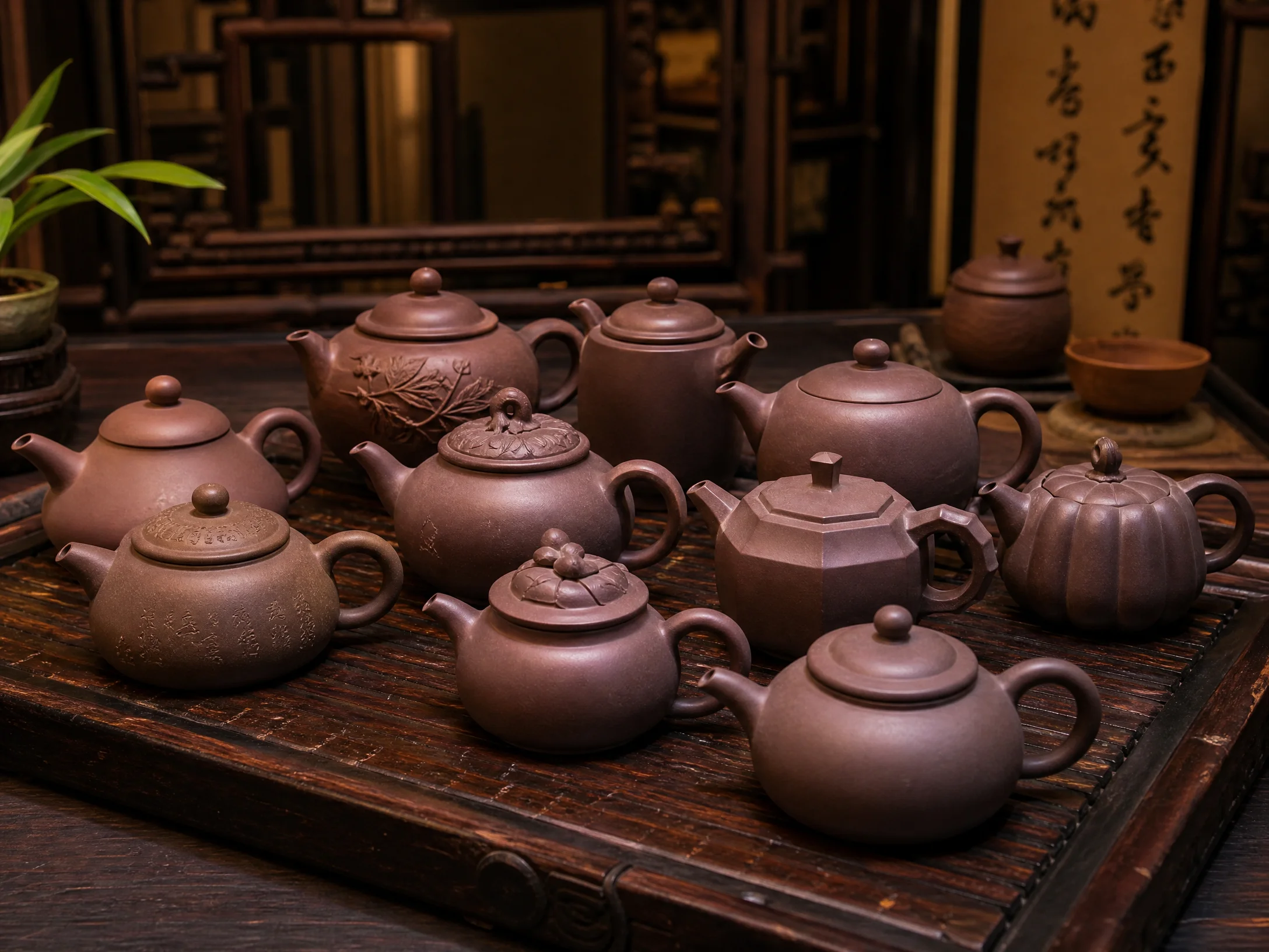 多款全手工紫砂壶陈列于茶台之上
